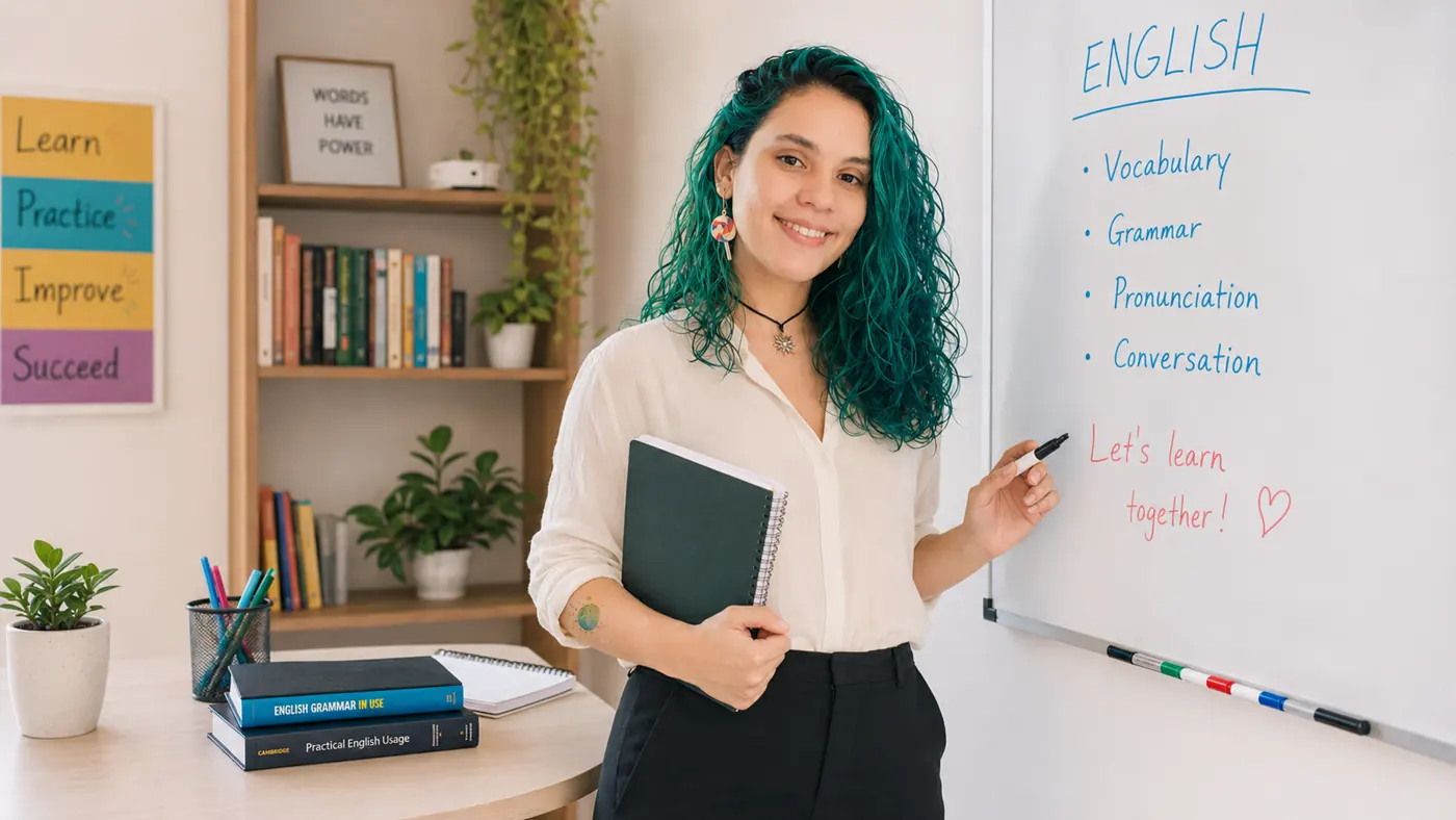 Teacher Isabel em uma aula online de inglês